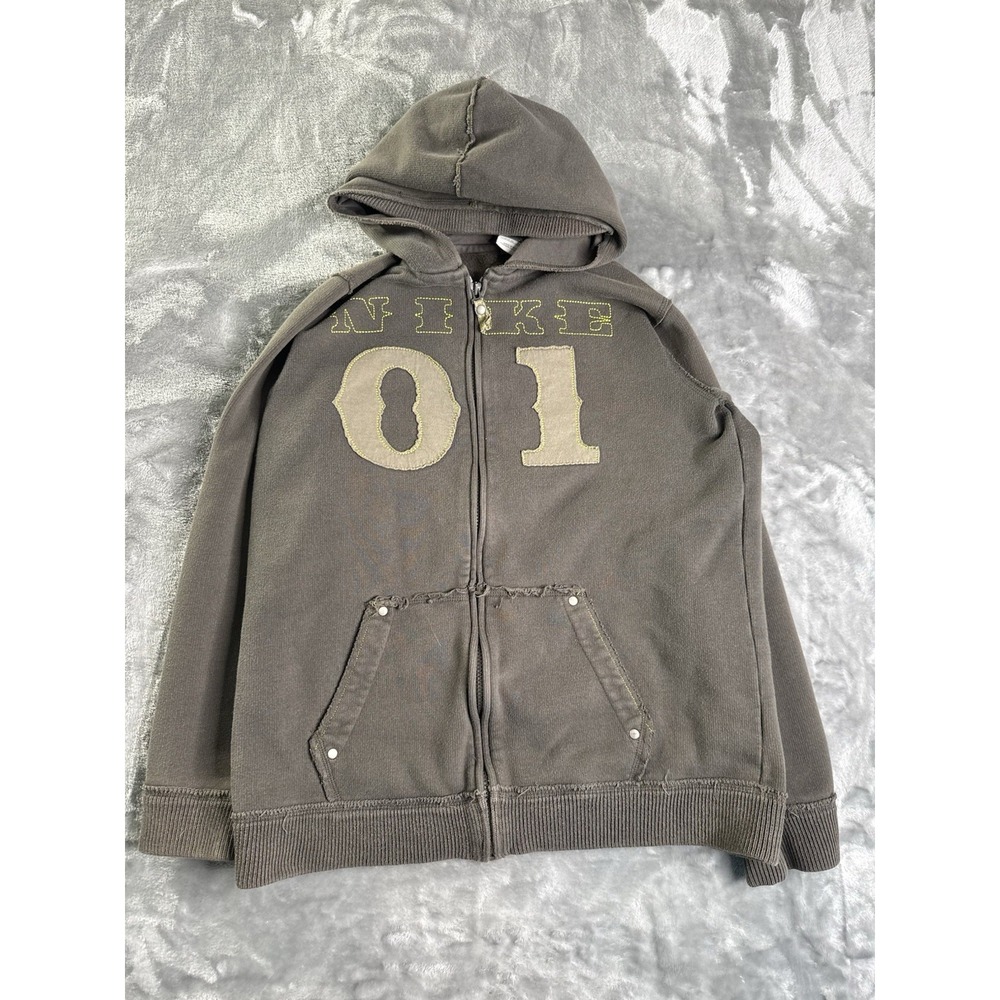 Y2K Nike 01 Embroidered Graphic Patch Hoodie Distressed Grey Sz XL Rare Full Zip